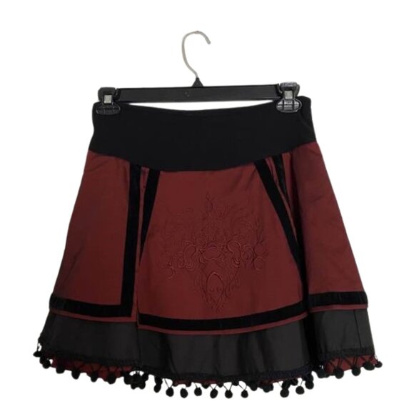 Picasso Renaissance Flare Skirt M | Multi-Layer Embroidered Ruffle Panel Maroon - Picture 2 of 12